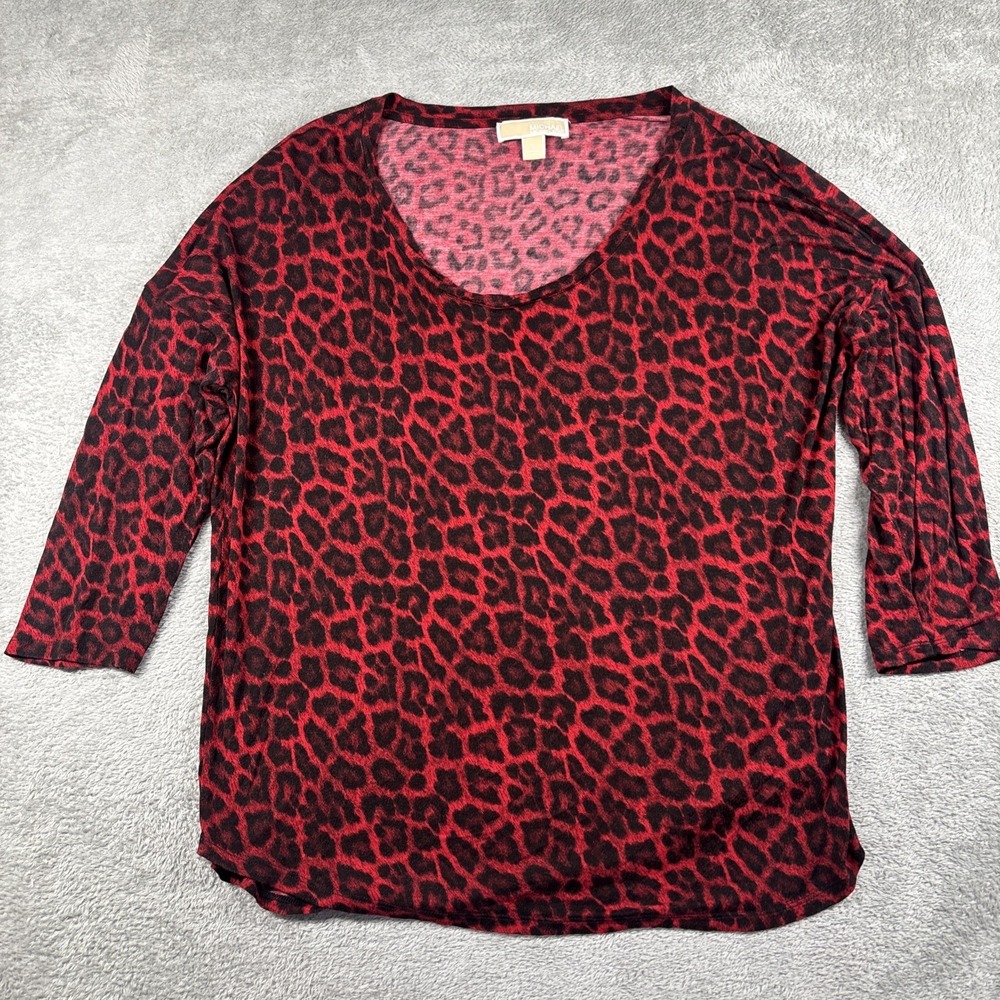 Michael Kors Animal Print Blouse Red/Black Tunic Top Women's Size Large‎